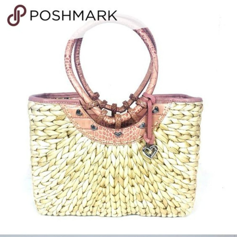 Brighton Leili Dusty Rose Crocodile Straw Tote Bag.